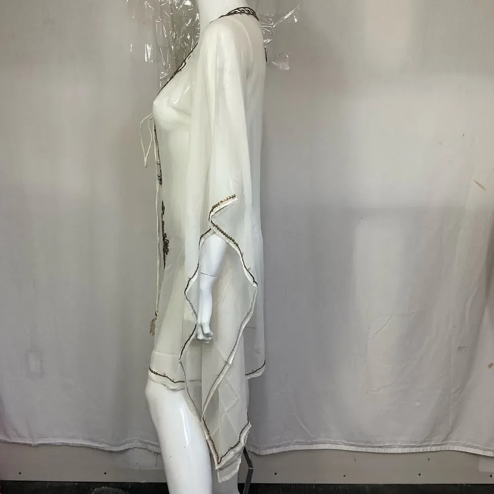 NEW Le Soleil Miami White Brown 100% Silk Tassel Front Tunic Dress Size S/M