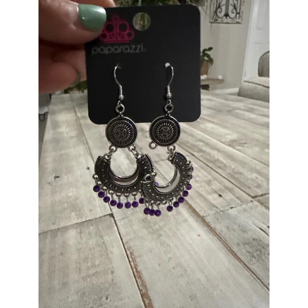 Paparazzi Statement Earrings Lot 3 Pairs Silver Tone Pink Purple Boho Dangle