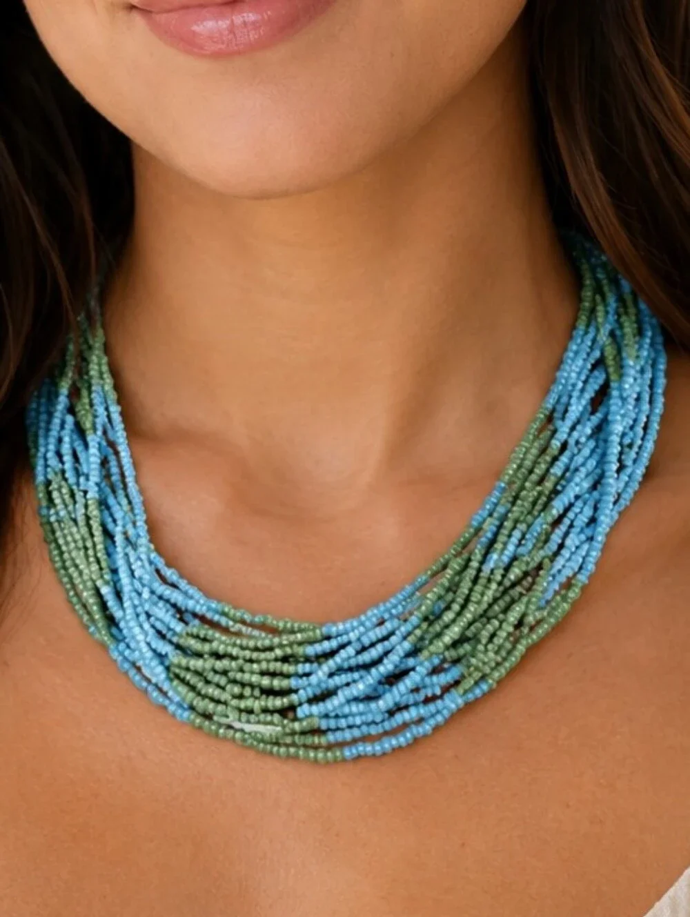 Large Multi Strand Blue & Green Seed Bead Statement Piece Boho Beaded Necklace