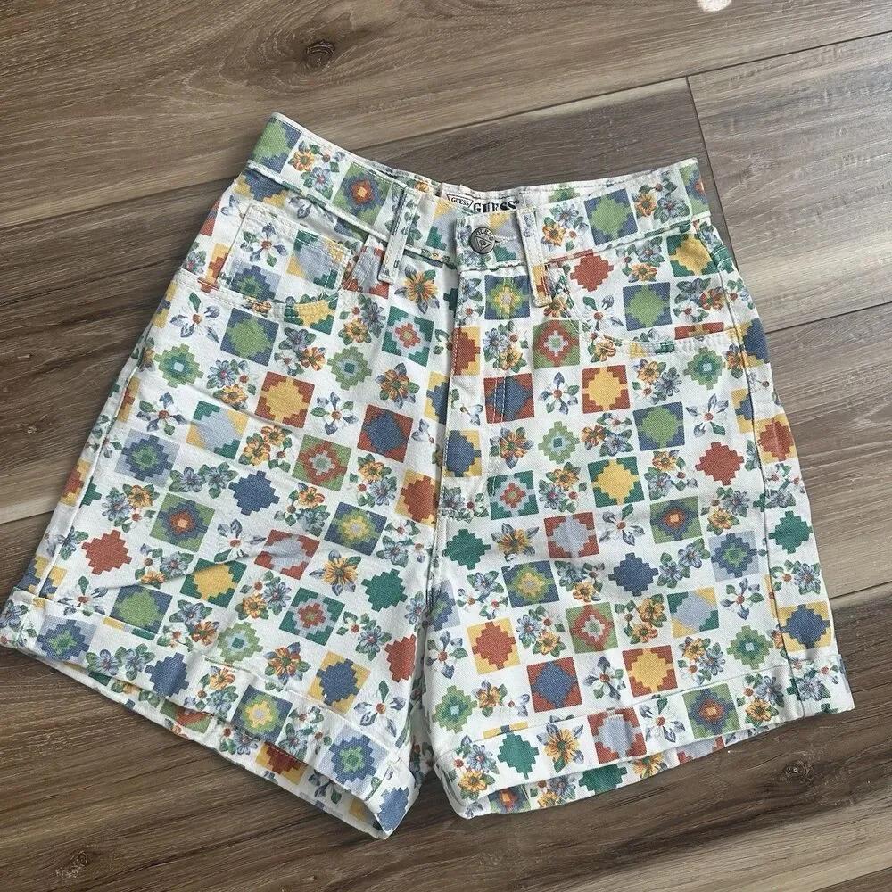 Vintage 90s GUESS USA Southwestern Patchwork Print High Waist Shorts XXS 23”