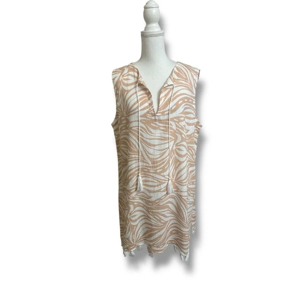 Rachel Zoe Women's L Boho Tan and Cream Zebra Print Linen Cover-Up with Tassels