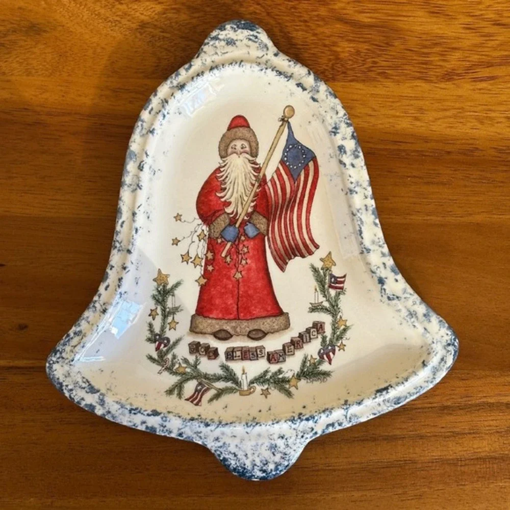 God Bless America Santa American Flag Painted Ceramic Bell‎ Dish Christmas Decor
