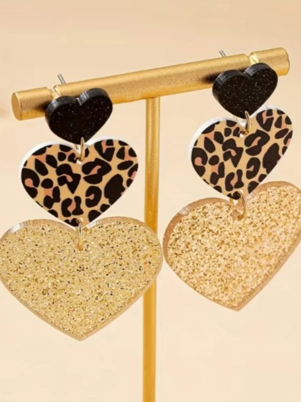 Black, Leopard & Gold Stacked Hearts Statement‎ Dangle Earrings (NEW & SO CUTE!)