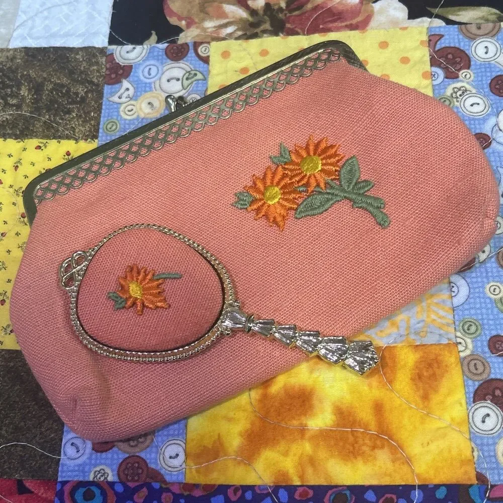 Vintage Embroidered Purse & Mirror Cottage, Artsy Feminine 60s Floral