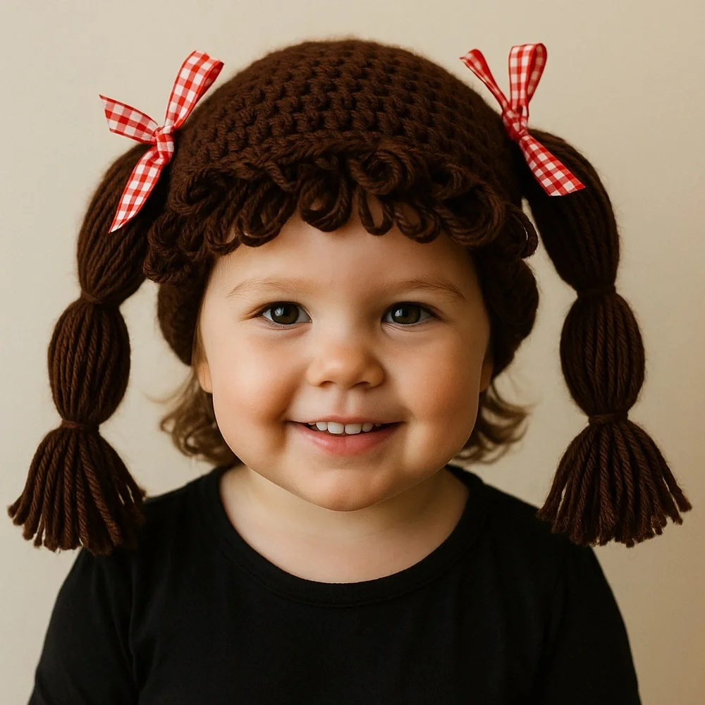 Handmade Crochet Cabbage Patch Kid Wig Hat –‎ Brown Yarn, Loopy Bangs