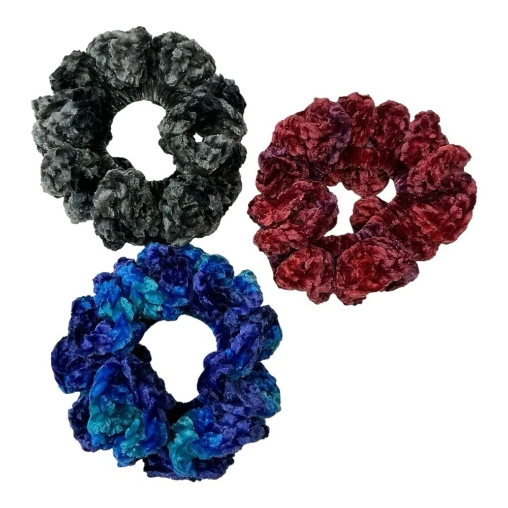 Crochet Crushed Velvet Scrunchie Set of 3 Oversized Hair Tie Plush Handcrafted
