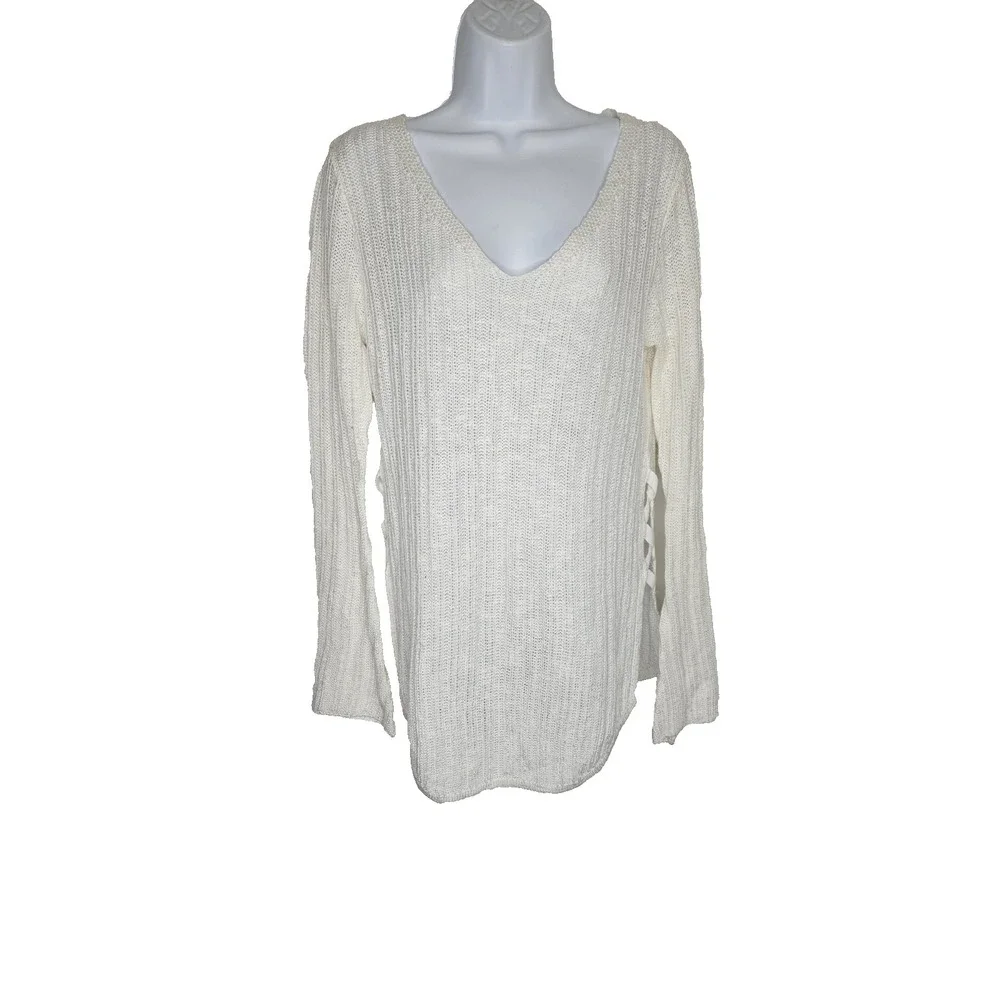 Poof Women's Sweater Large‎ White Knit Long Sleeve V-Neck Lace Up Sides Pullover