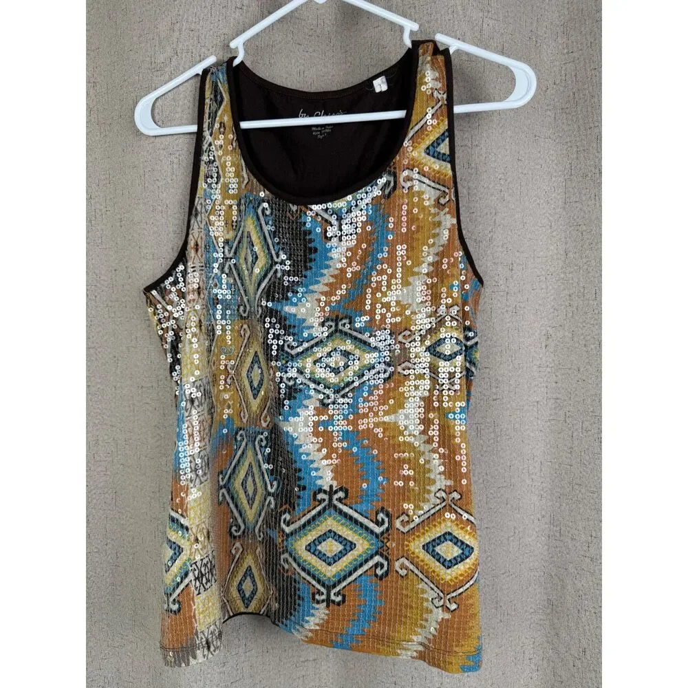 Chico's‎ Brown Geometric Sequin Sleeveless Tank Top
