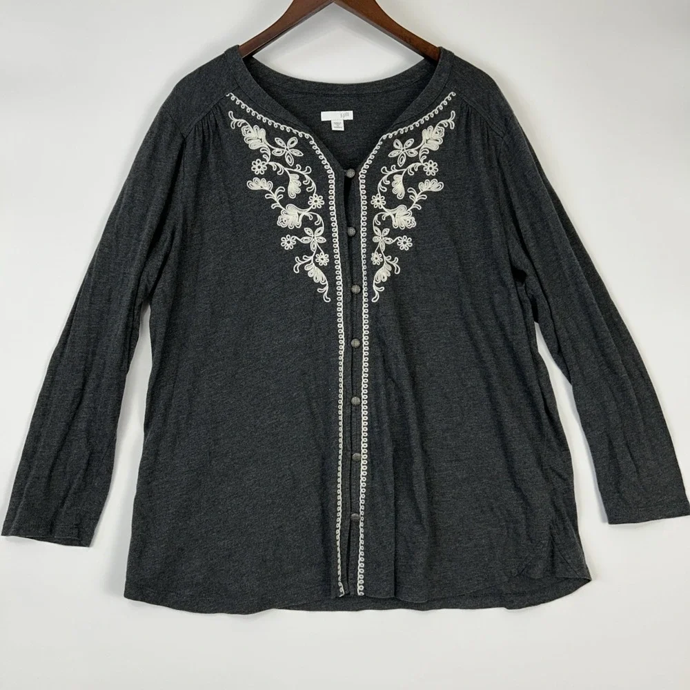 J Jill Womens Embroidered Top Size 2X Gray Button Up Modal‎ Stretchy Basic