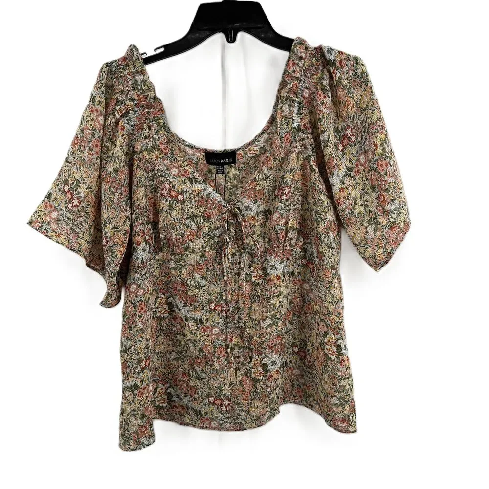 Lucy Paris Cream Pink Floral Sheer Tie Front Blouse Womens X Small‎ New