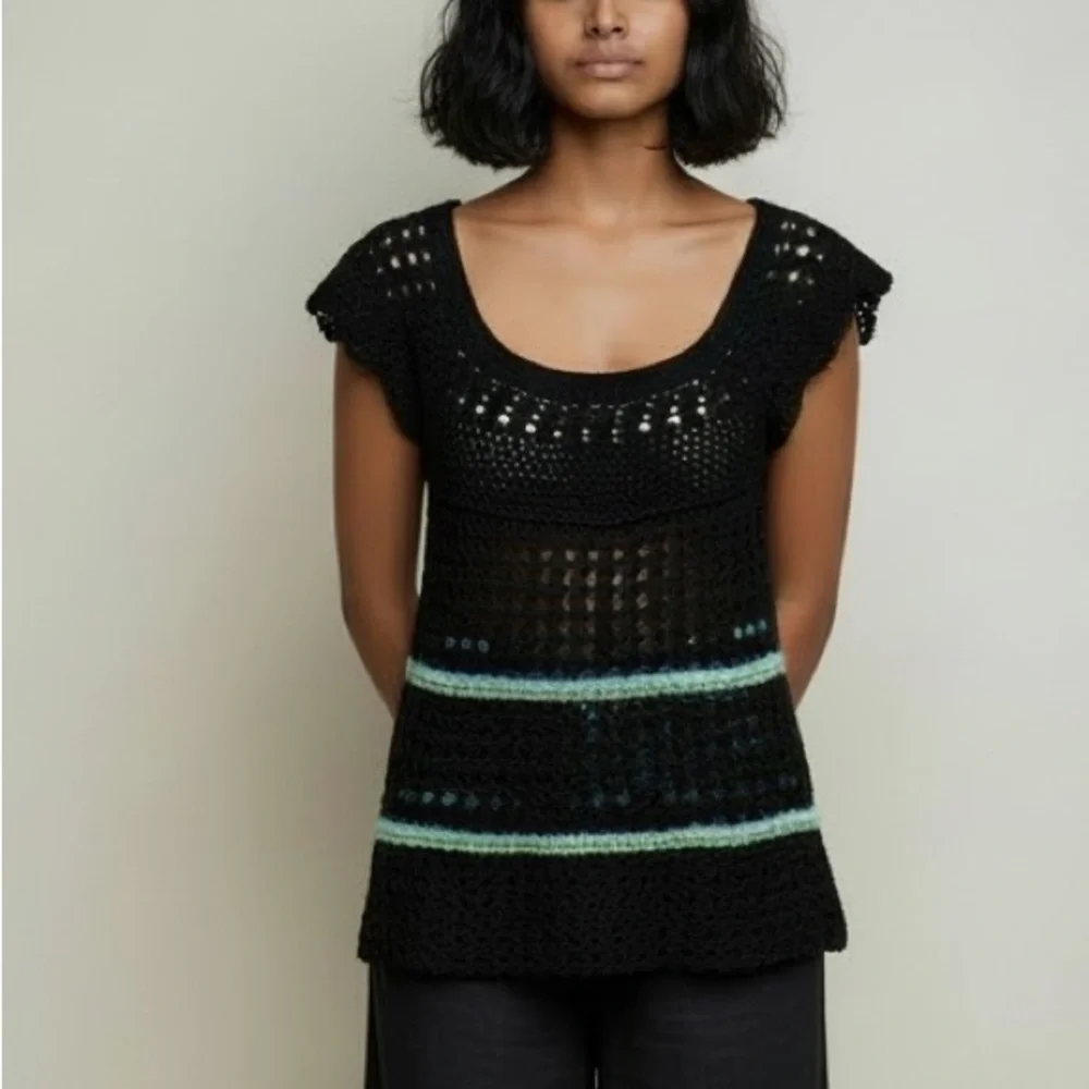 Free People | Crochet Knit‎ Top Small Black Bohemian Cap Sleeve Linen Cotton