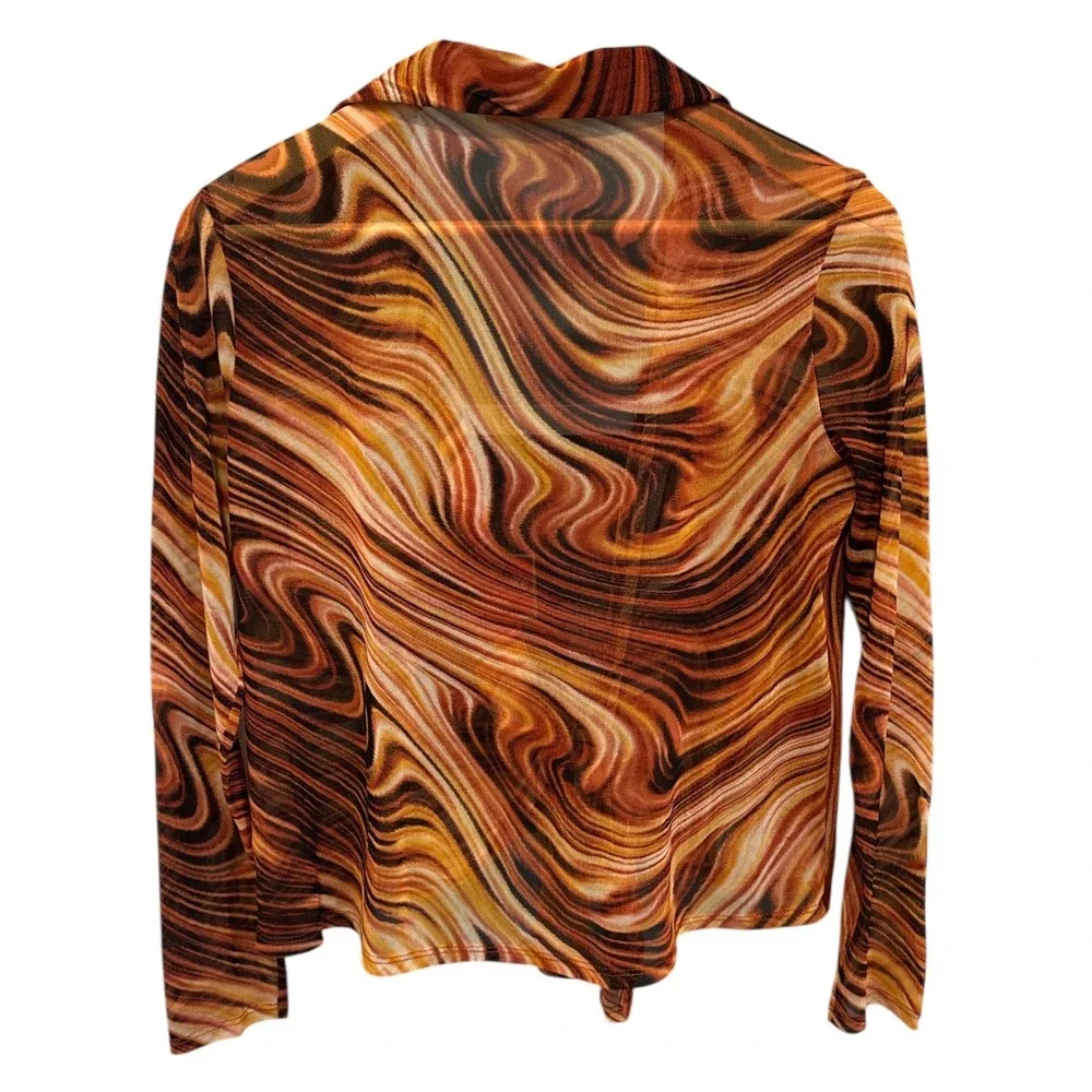 Timing Mesh‎ Tie Front Marble Print Top Sz S Groovy Retro Festival Boho