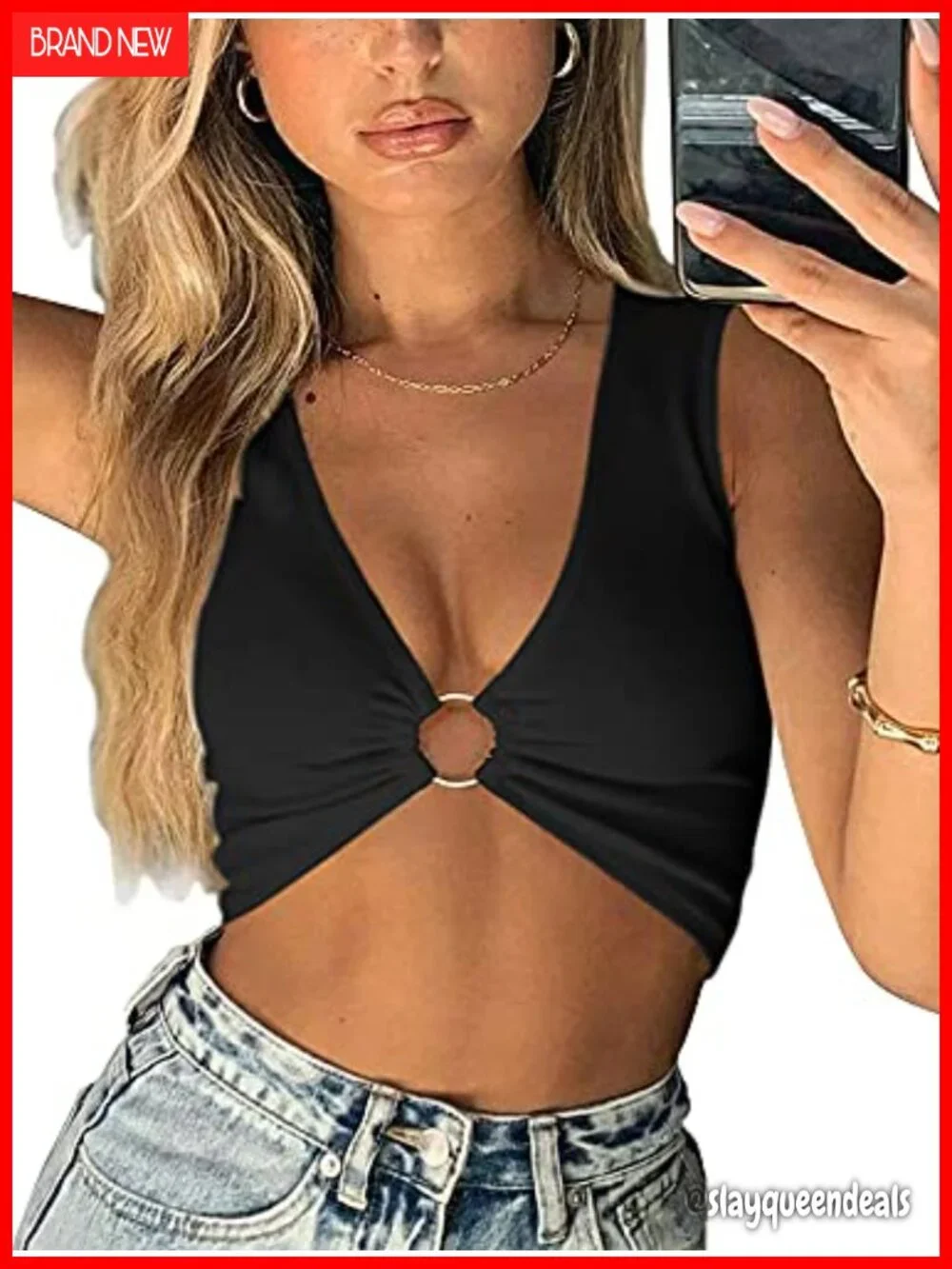 Sleeveless Deep V Neck Crop Top with Silver Ring - Y2K Clubwear