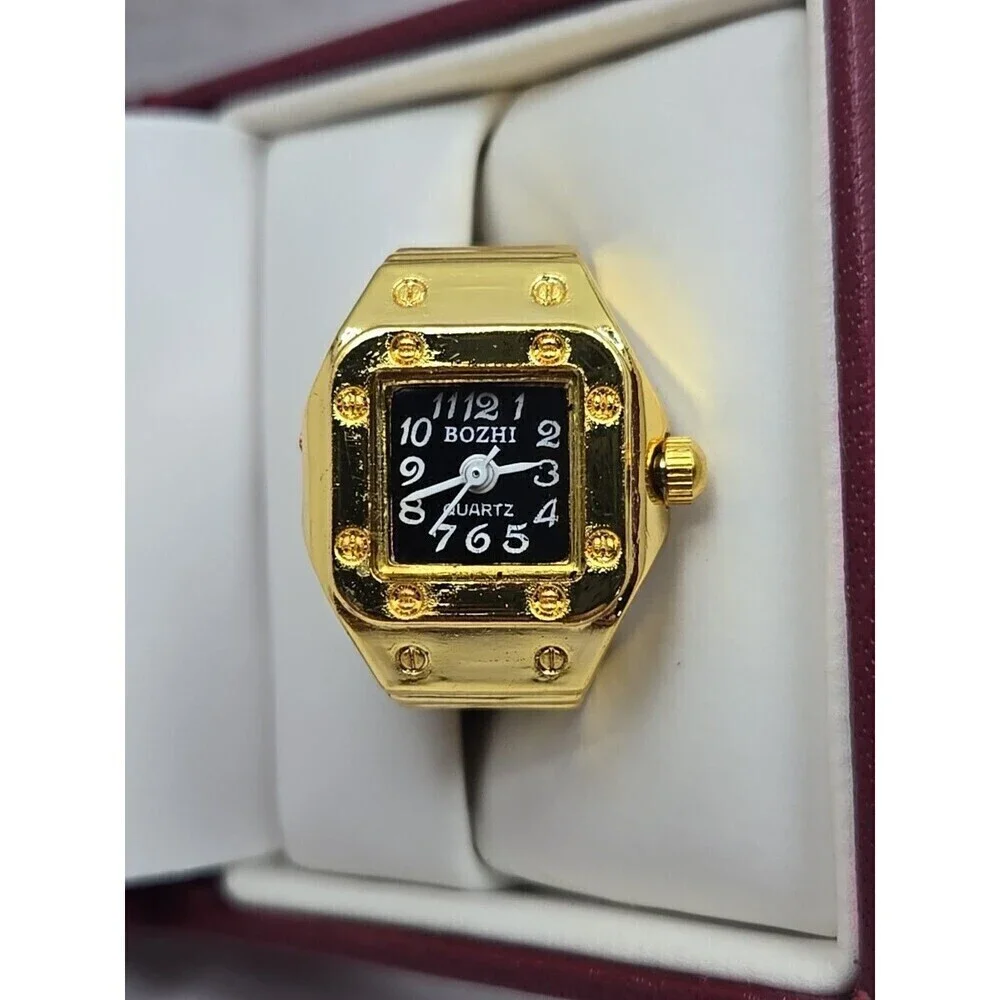 Bozhi Gold Tone Quartz Ring Watch Black Dial New Battery Retro Stretch Accessory