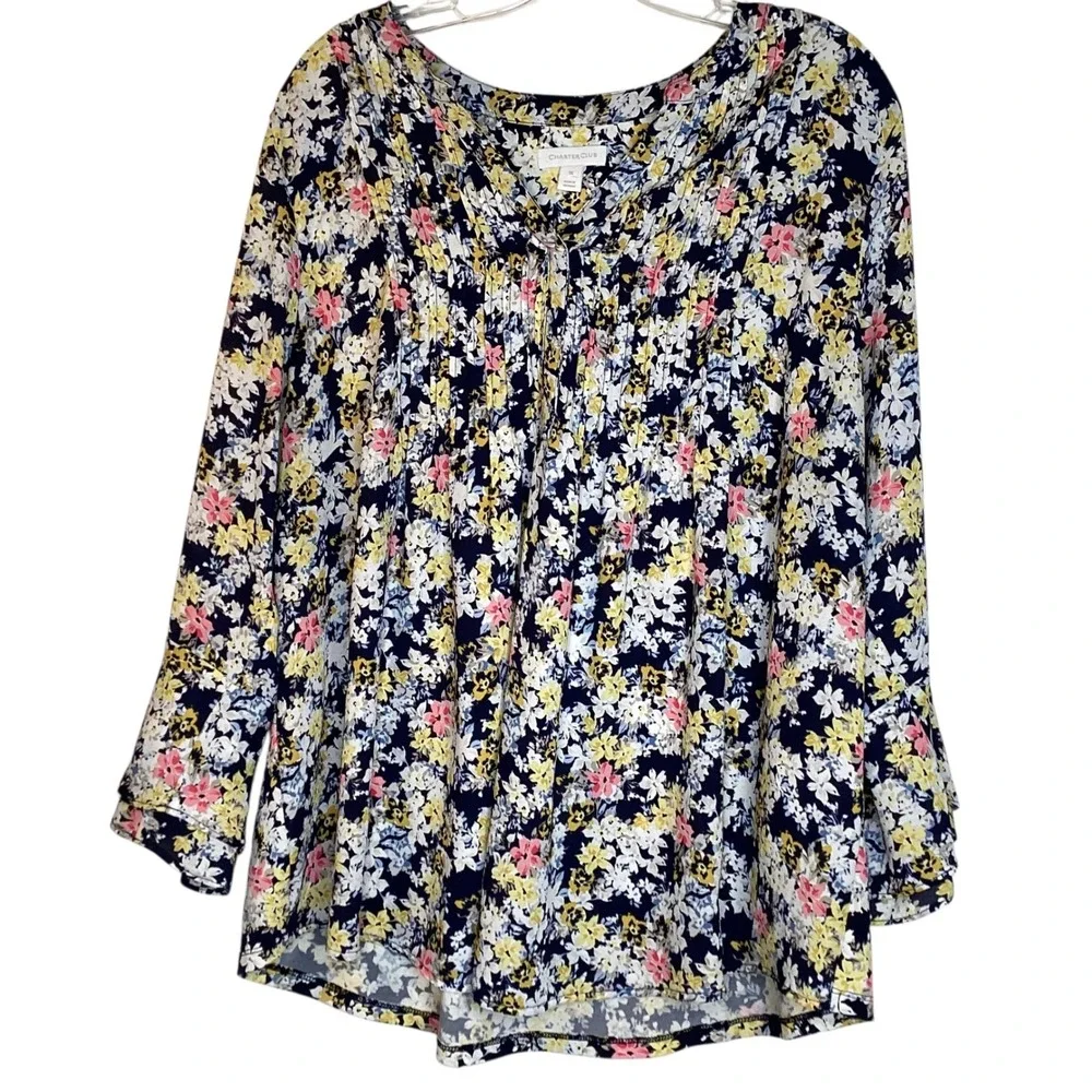 Charter Club Womens 1X Navy Floral Print Pleated V Neck Long Sleeve Tunic Top‎