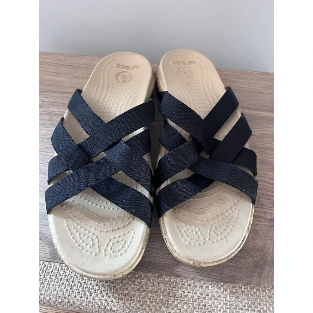 Crocs Womens 9 Black Eddie Criss Cross Wedge Slides Sandals