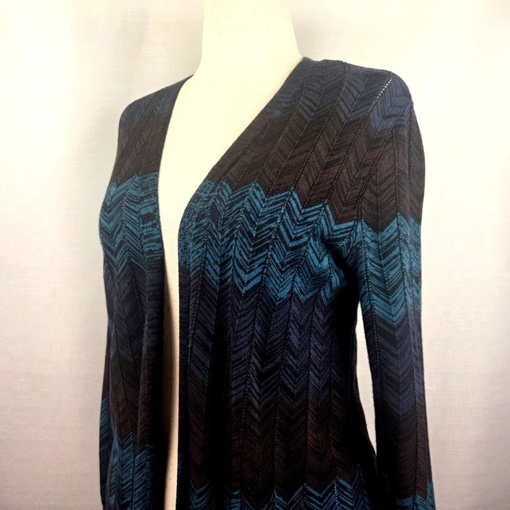 Soft Surroundings Brown & Blue Chevron Long Open Cardigan‎ Women's Petite Small
