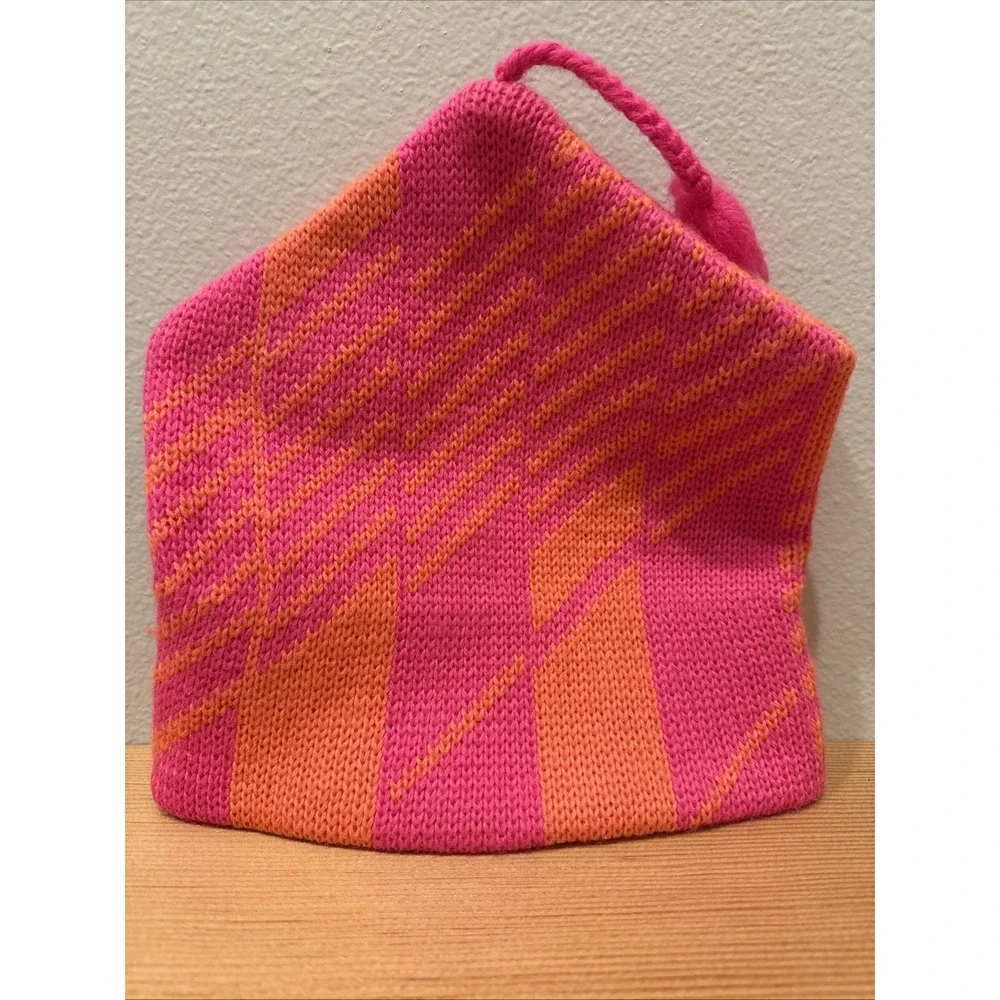 Vintage Smiley‎ Hat Wool Ski Hat Pink With Orange Stripes Beanie No Tag