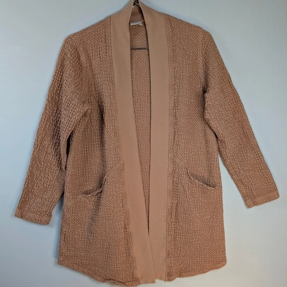C.M.C Open Cardigan Women M Taupe‎ Lagenlook Boho Chic Smocked Waffle Cozy USA