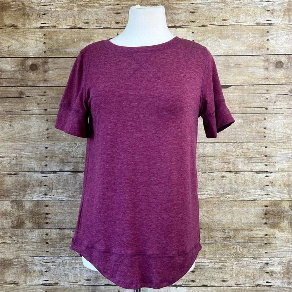 Unbranded Women Heathered Burgundy Short‎ Sleeve Pullover Top Curved Hem Size S