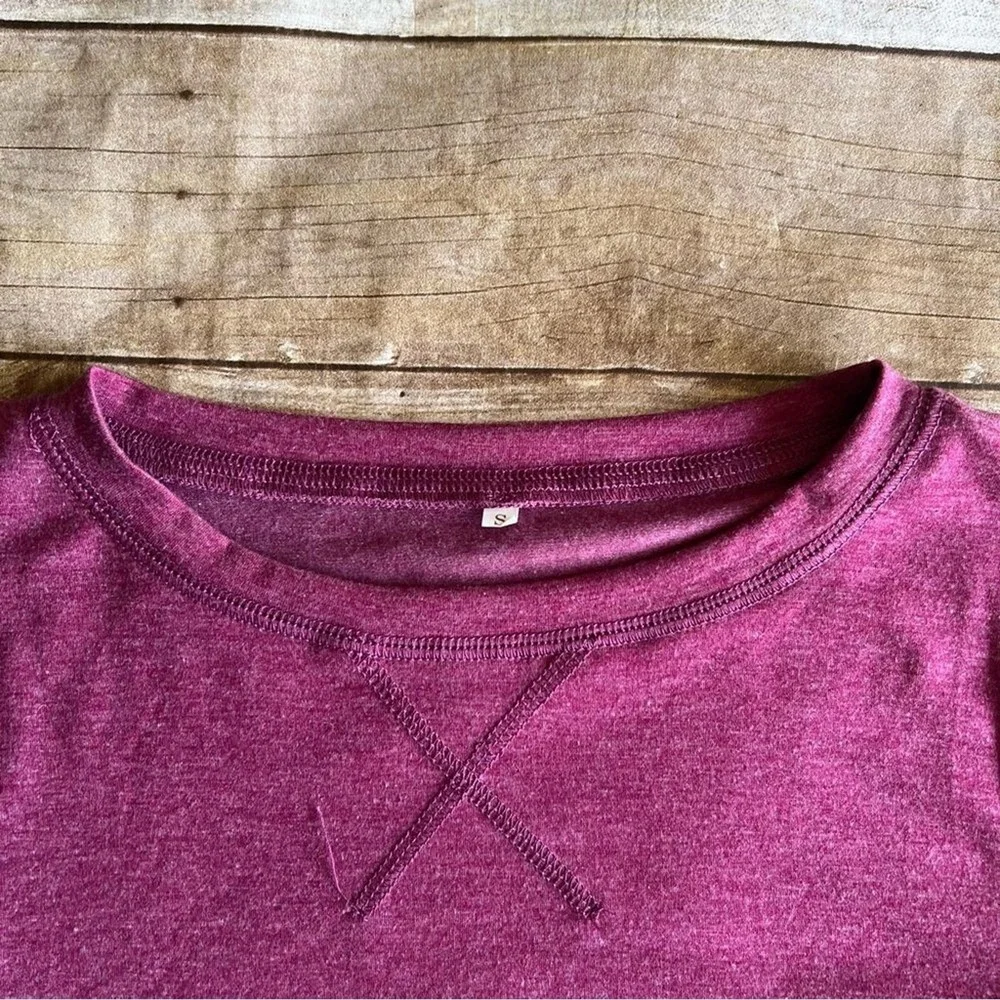 Unbranded Women Heathered Burgundy Short‎ Sleeve Pullover Top Curved Hem Size S