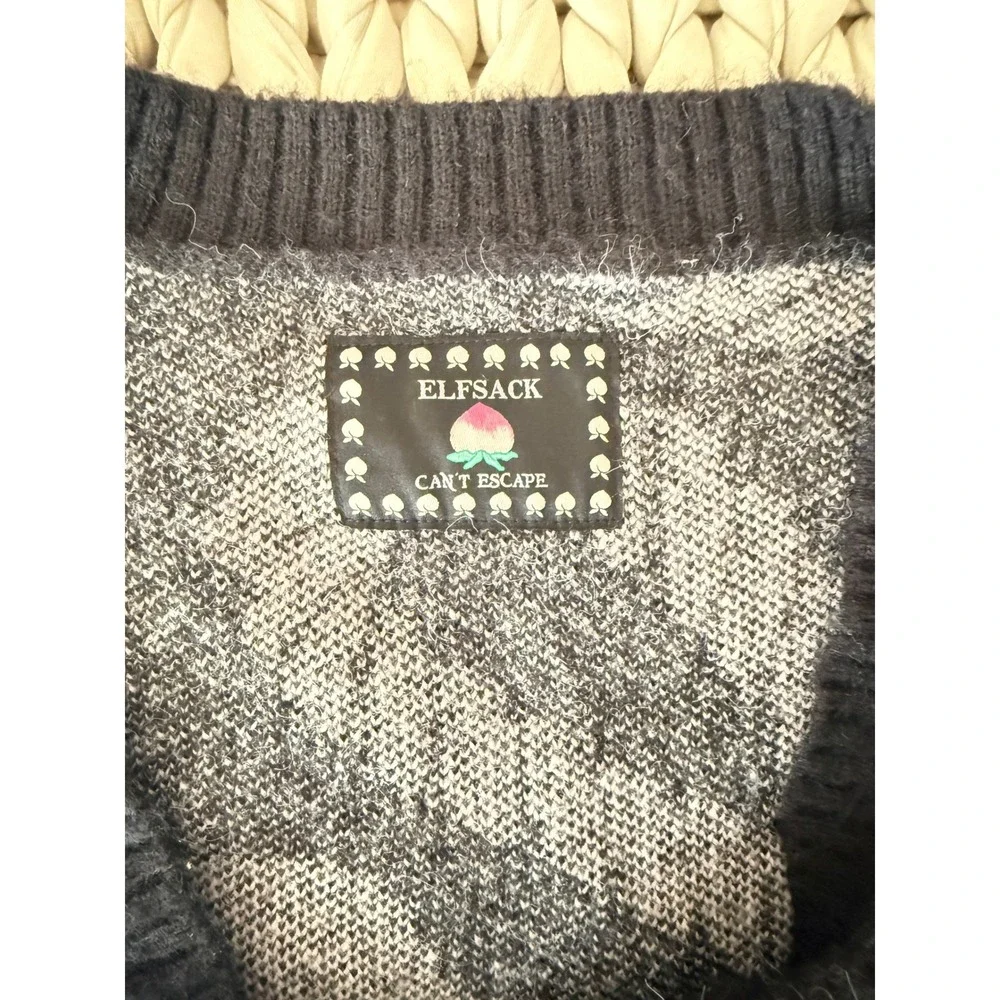 ELF SACK Black & Pink‎ Peach Pattern Oversized Fuzzy Knit Cardigan Heart Buttons