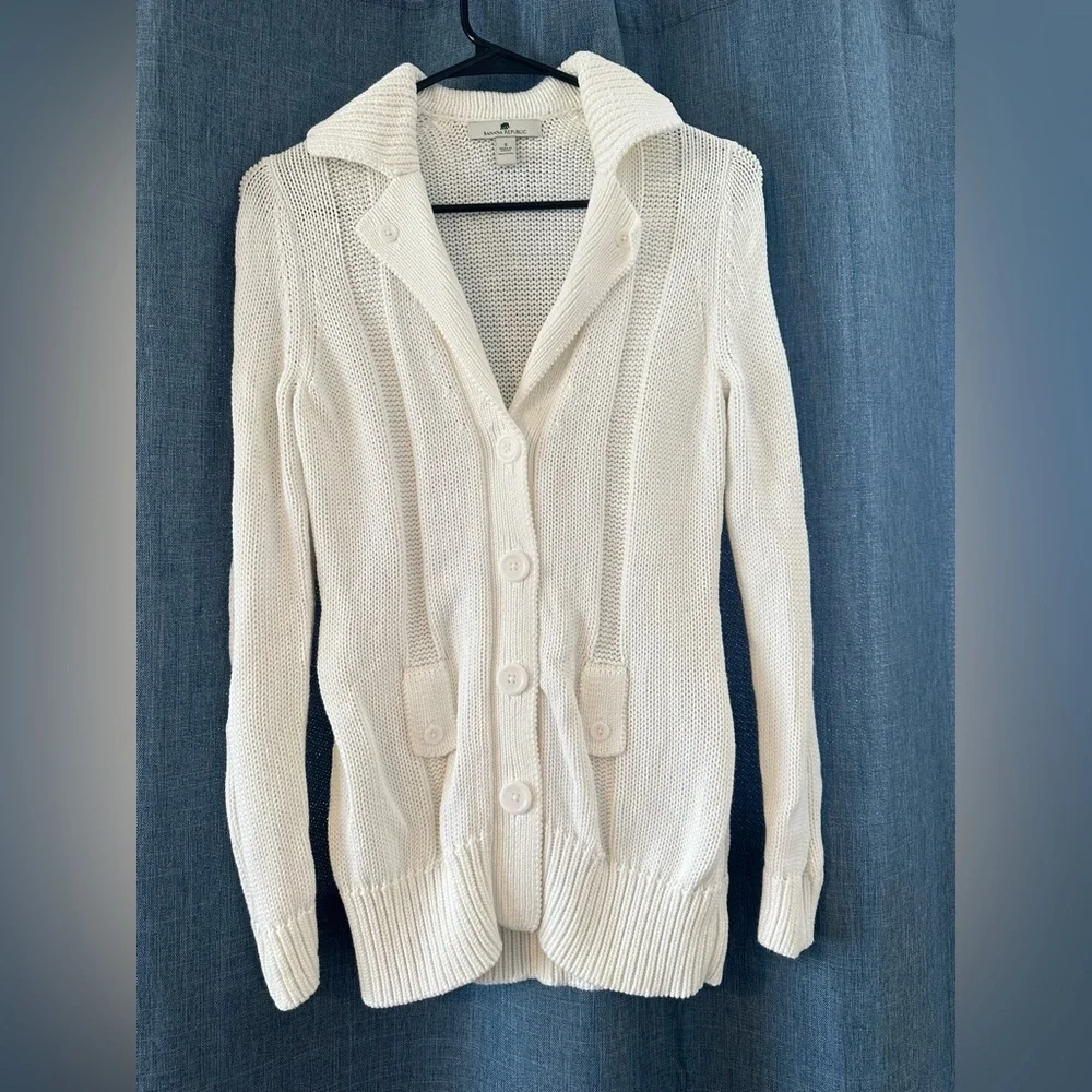 Banana Republic Organic Cotton Ivory Cream Knit Button Down Cardigan Womens Sz S