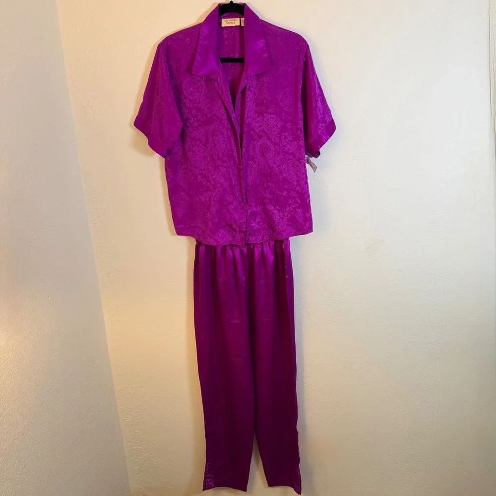 VTG Victoria's Secret‎ Womens S Magenta Satin Floral Damask Pajama Set Y2K