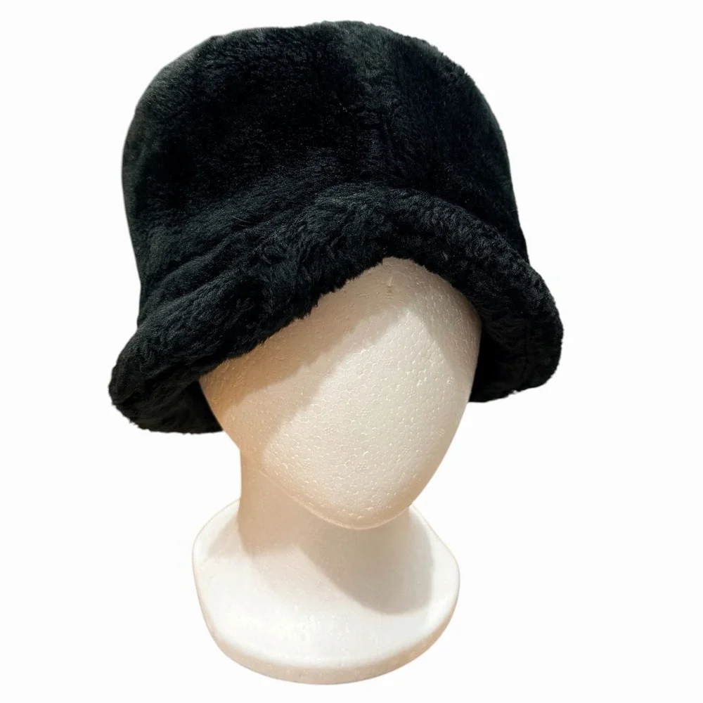 Fluffy‎ Faux Fur Bucket Hat Winter Warm Black Hat for Women Men Accessories