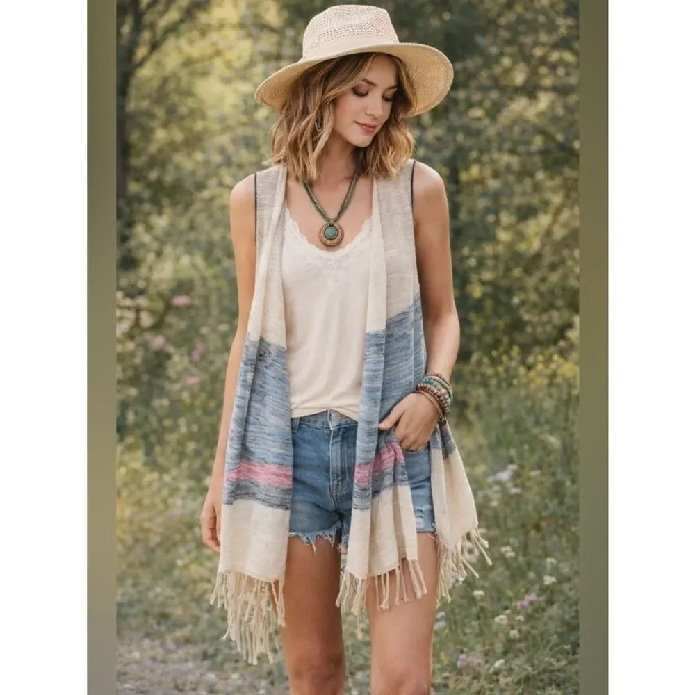 Anthropologie Umgee Cream, Blue & Pink Striped Open Front Fringe Vest