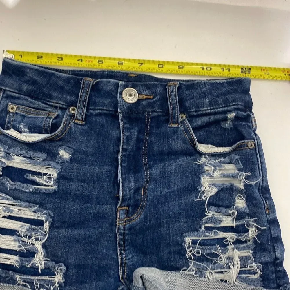 American Eagle Women's Dark Blue Curvy Hi-Rise Distressed Denim‎ Shorts Size 00