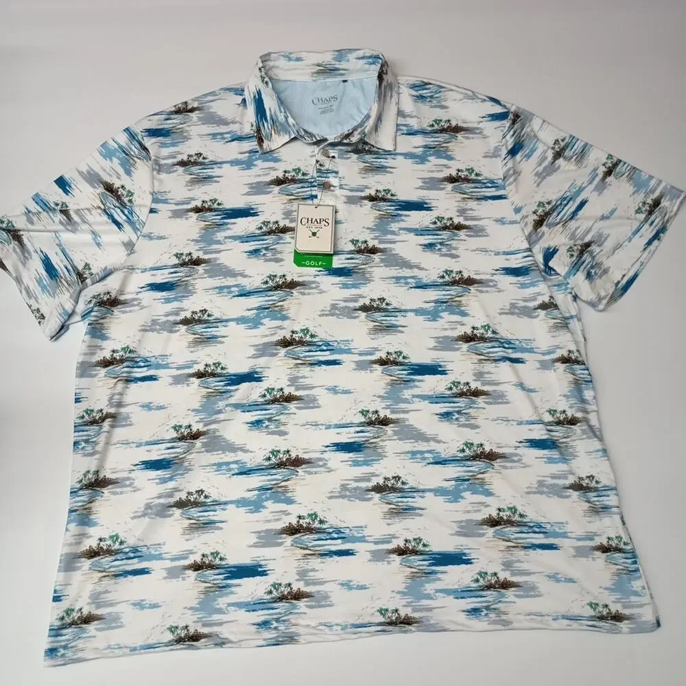 Chaps Printed Golf Polo Shirt Men's Size 3XL Bright White Stretch Moisture Wick‎