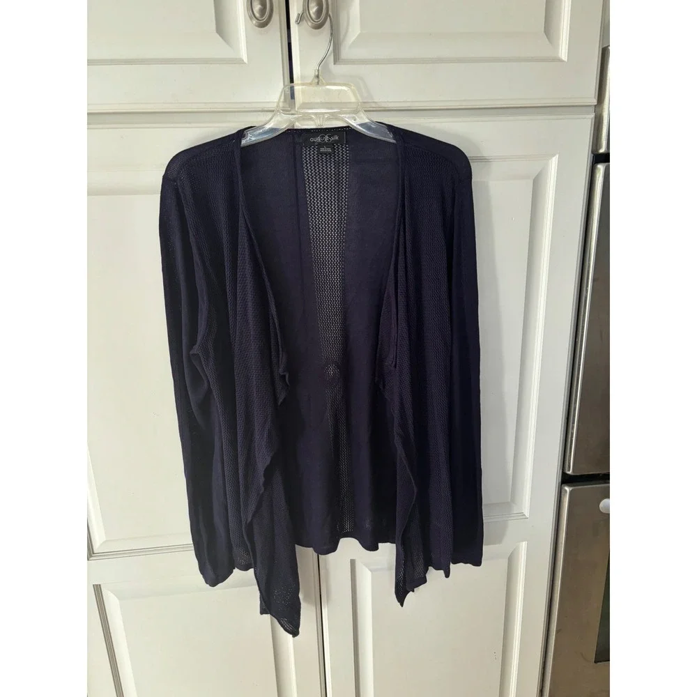 August Silk Navy Blue Open‎ Front Draped Cardigan Mesh Back Knit Sweater Large