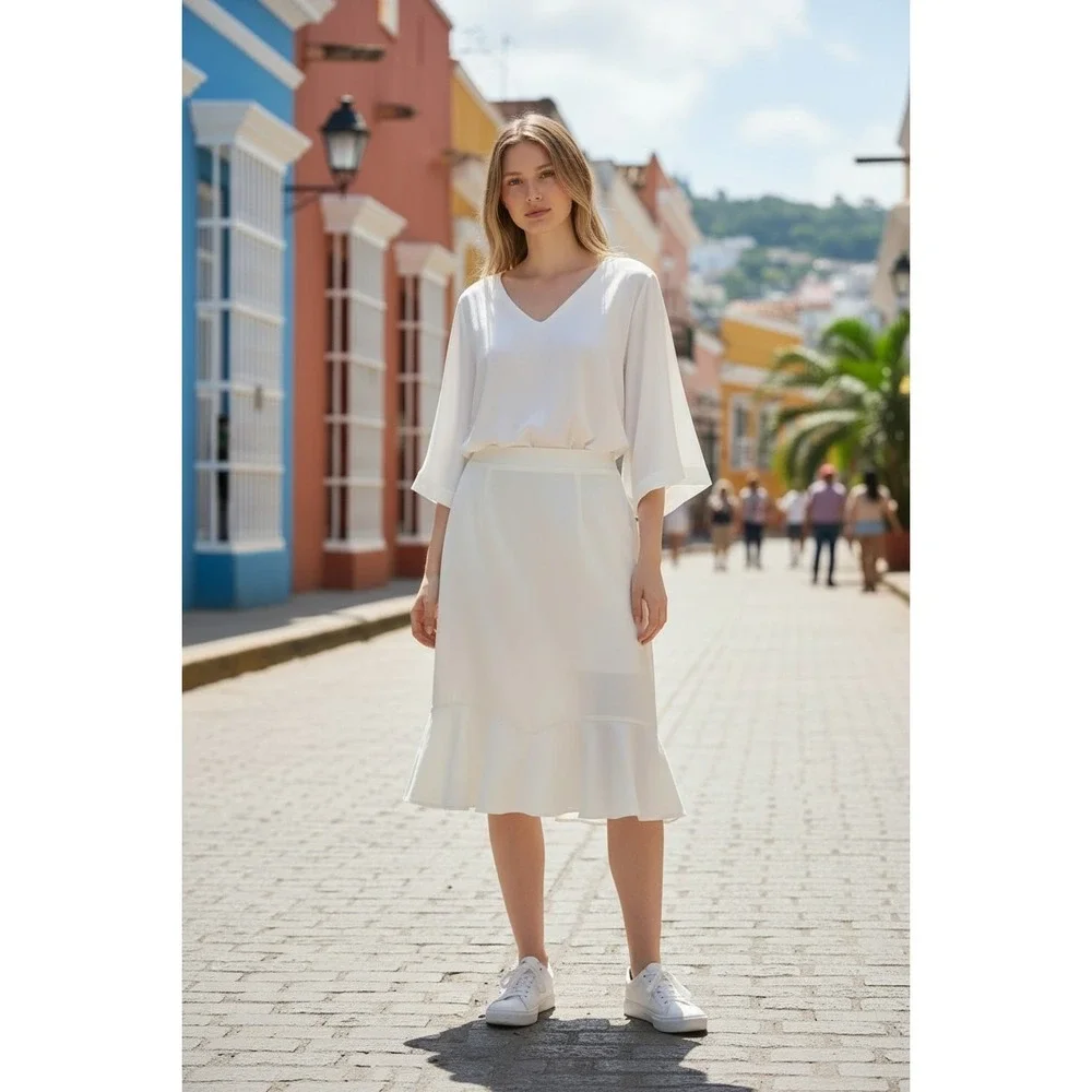 Classic Cream Mermaid Midi Skirt - Size 12‎ - Ruffle Flounce Hem - Professional