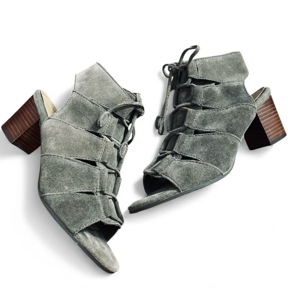 Vionic Bristol Suede Genuine Leather Lace-Up Dark Taupe Sandal Booties Size 6.5‎