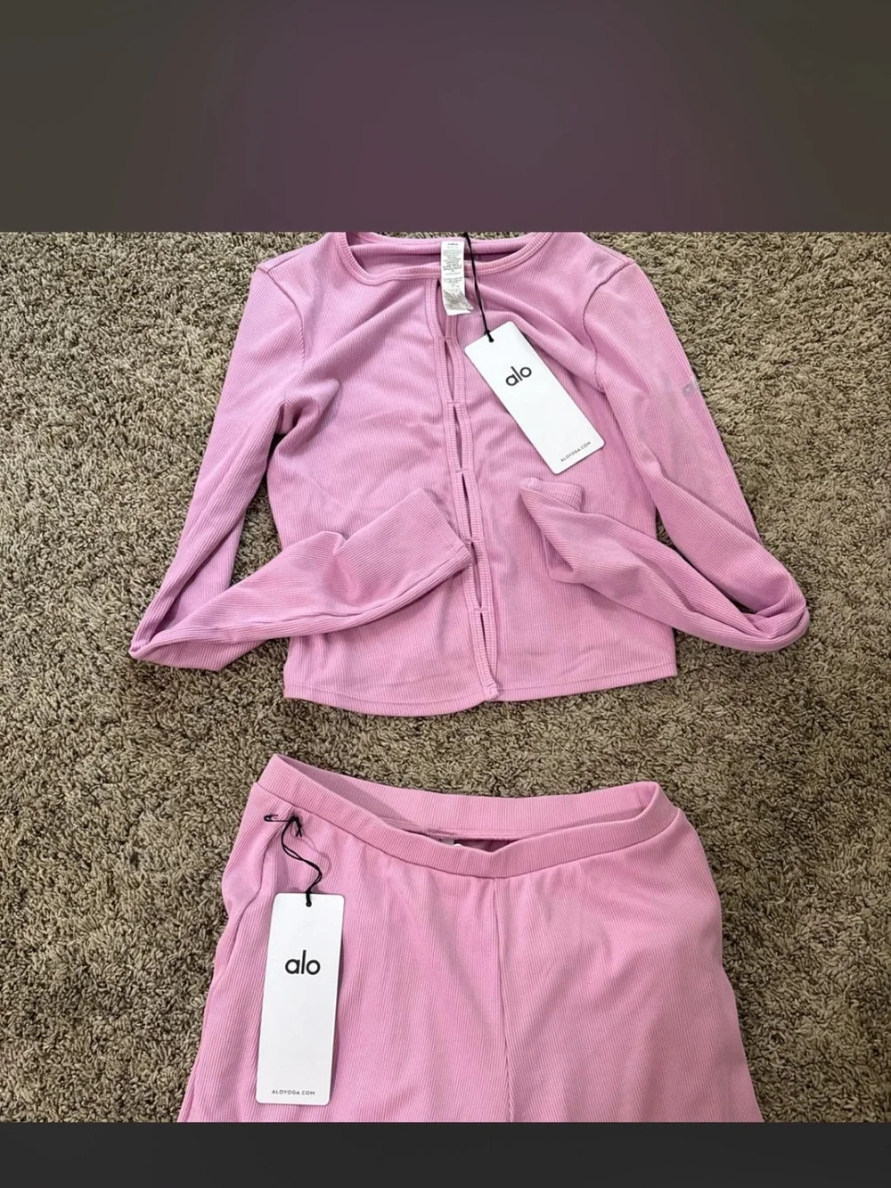 Alo Pink Ribbed Zip-Up Top and Matching Pants Set