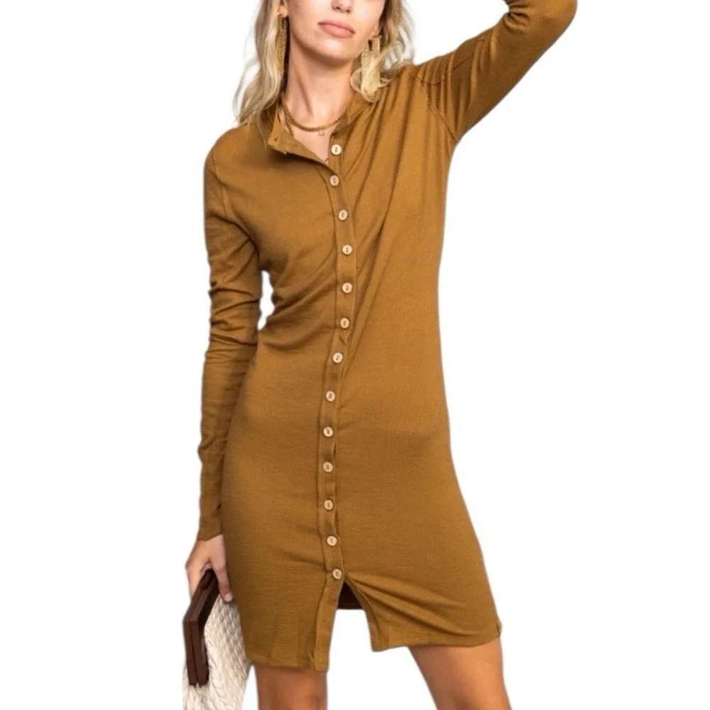 We The Free‎ People Gia Cardi Long Ribbed Sweater Dress Size Small Brown Tan