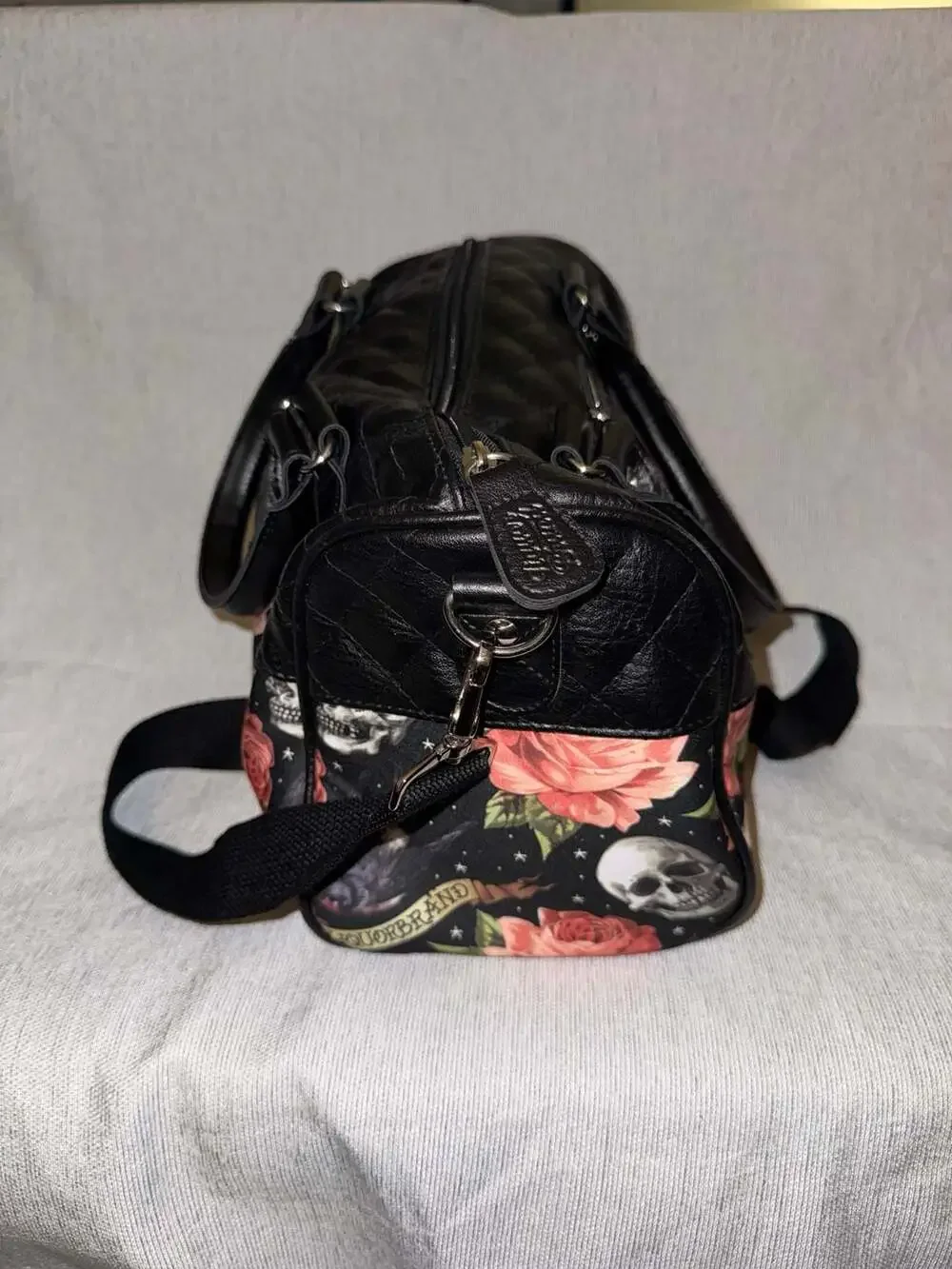 Liquorbrand Skull & Rose Quilted Satchel Bag Gothic Crossbody Purse Black Floral