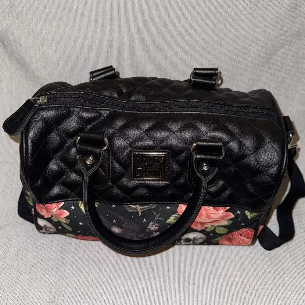 Liquorbrand Skull & Rose Quilted Satchel Bag Gothic Crossbody Purse Black Floral