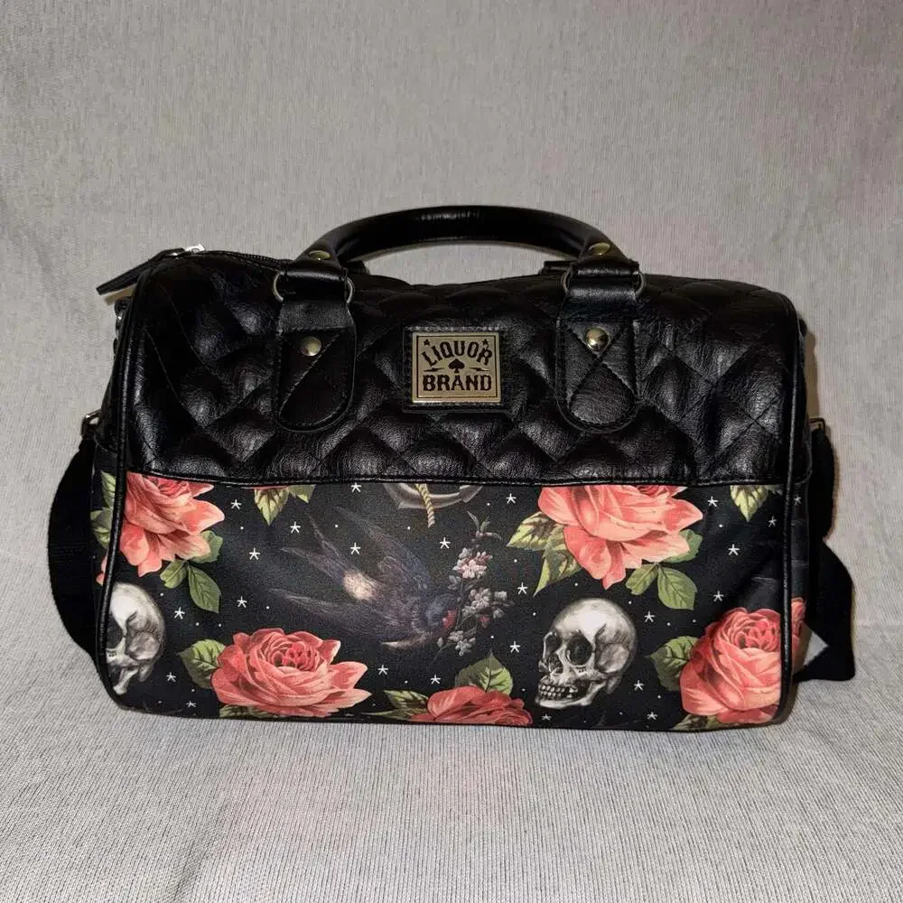 Liquorbrand Skull & Rose Quilted Satchel Bag Gothic Crossbody Purse Black Floral