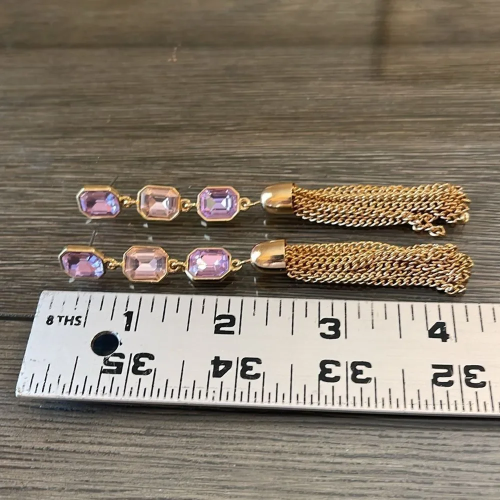 Long Dangling Pink & Purple Gold-tone Tassel Earrings