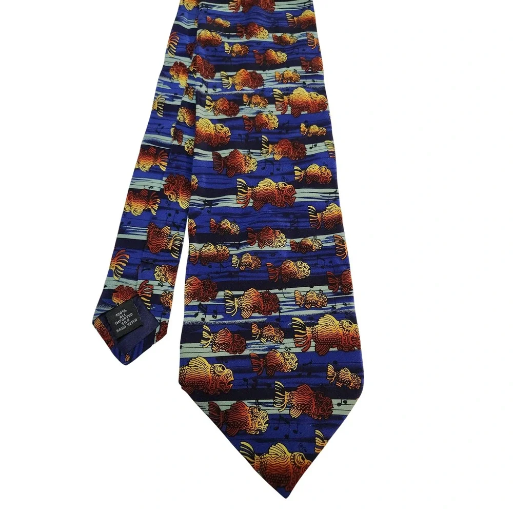 J Garcia Mens Silk Tie Blue Goldfish Fish Musical Notes‎ Art Necktie 4 x 58