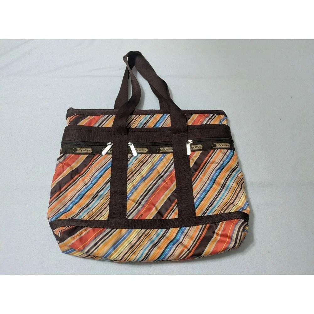 Retro LeSportsac‎ Stripe Everyday Tote Handbag Purse + Make-up Bag  Brown Orange