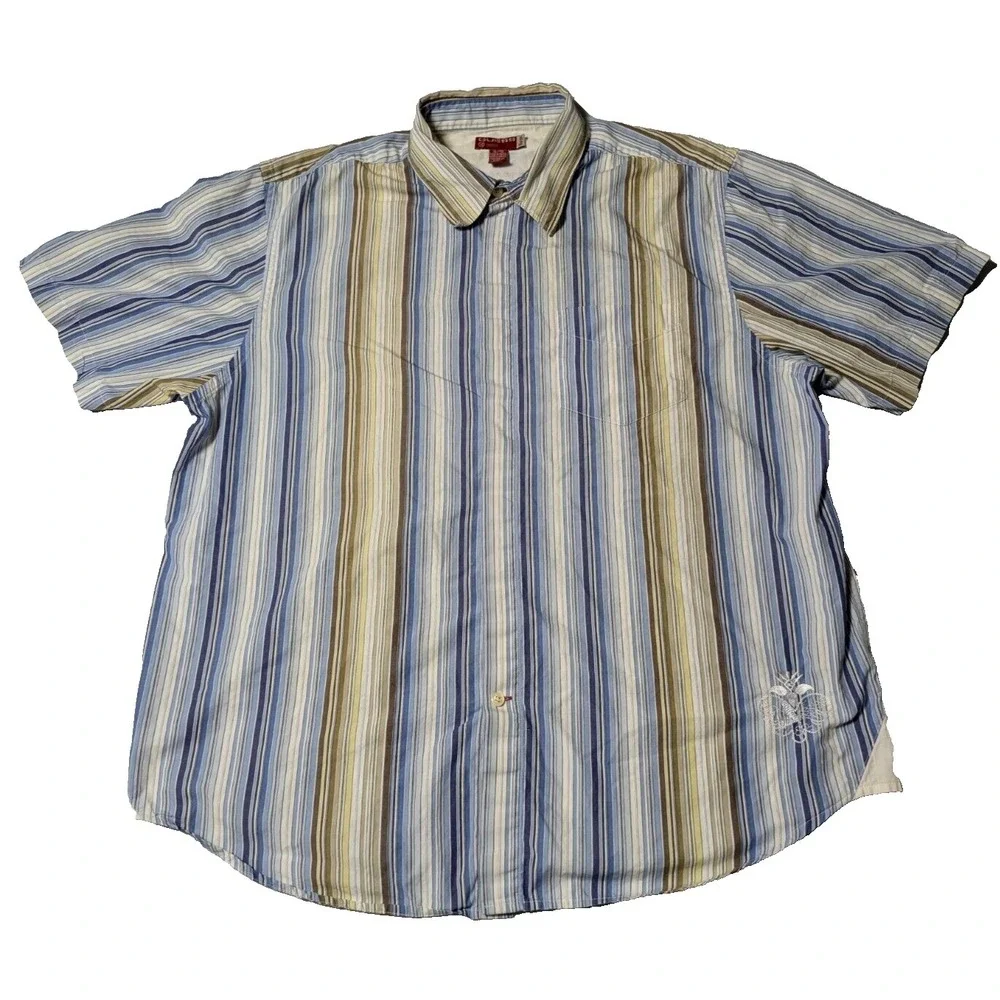 GUESS Covered-Placket Men XL‎ Blue Brown Yellow Striped Cotton Button Shirt
