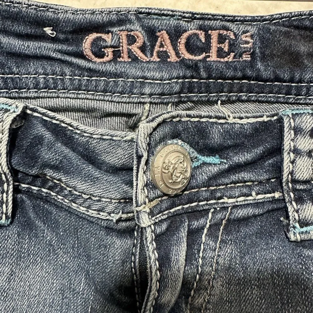 Grace In LA Boot Cut Embellished Embroidered Blue Light Wash‎ Faded Jeans Sz 28