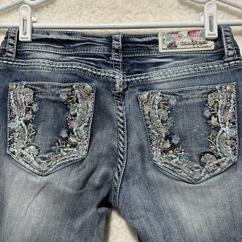 Grace In LA Boot Cut Embellished Embroidered Blue Light Wash‎ Faded Jeans Sz 28