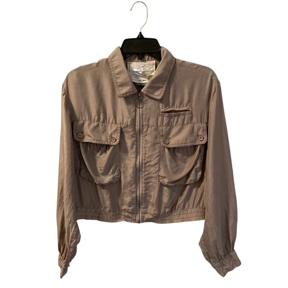 Cartonnier Anthropologie Pia Silk Bomber Jacket Zip Utility Size S Khaki‎ Tan