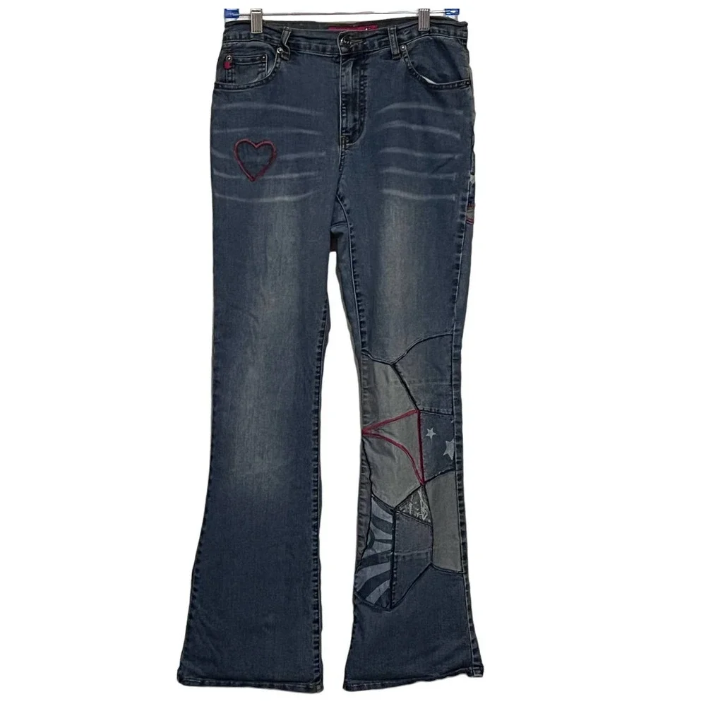 Zana-di Women's Jeans Red Blue Yellow Thread Stars/Heart Flare‎ Leg Size 5