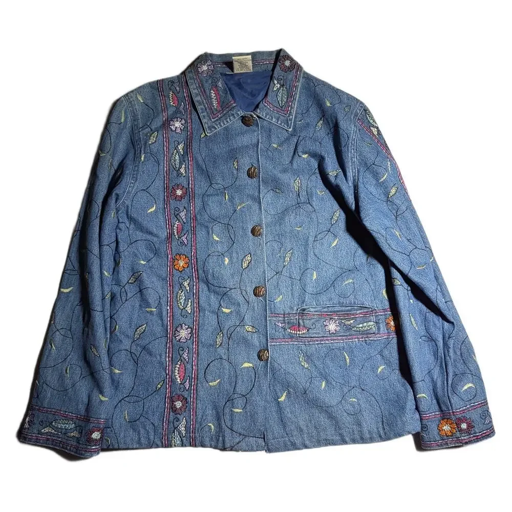 Vtg 1990s Parsley & Sage Botanical Floral Embroidered Button Up Denim Jacket M