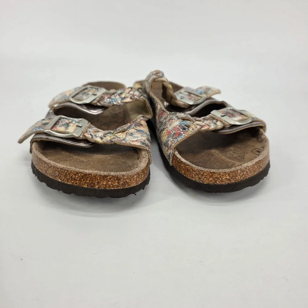 Muk Luks Slide Sandals Silver Multicolor Braided Metallic Cork Slip on Boho sz 9